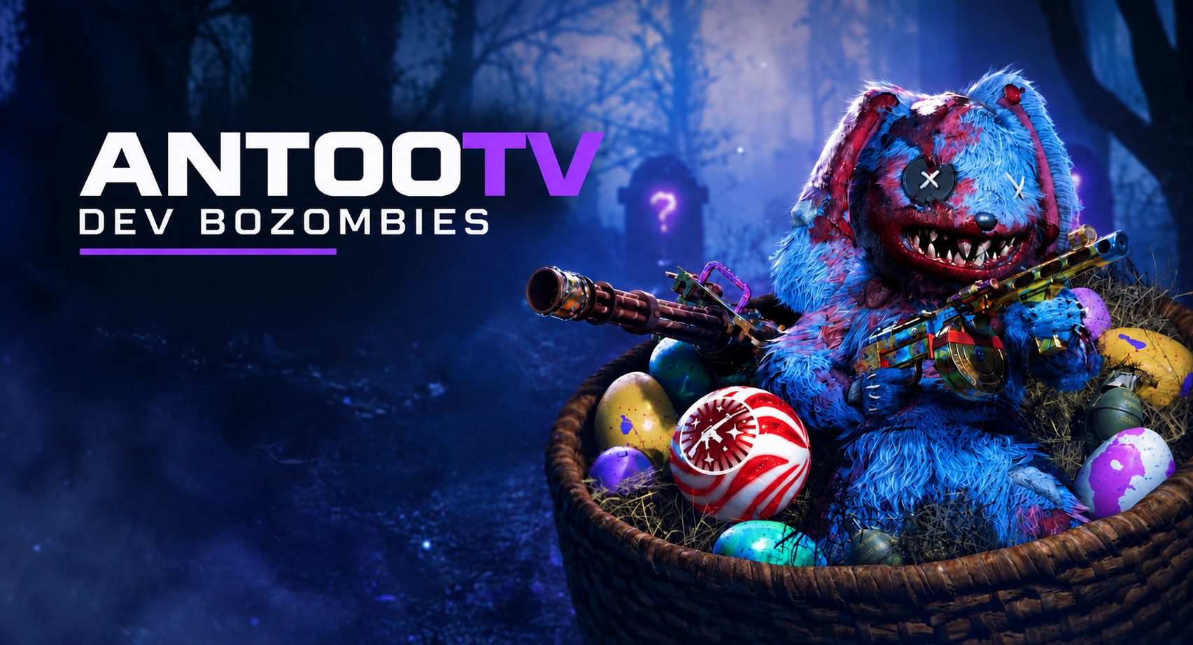 Bannière AntooTV Dev BOZOMBIES : un lapin zombie armé dans un panier d'œufs, au milieu d'un cimetière de nuit